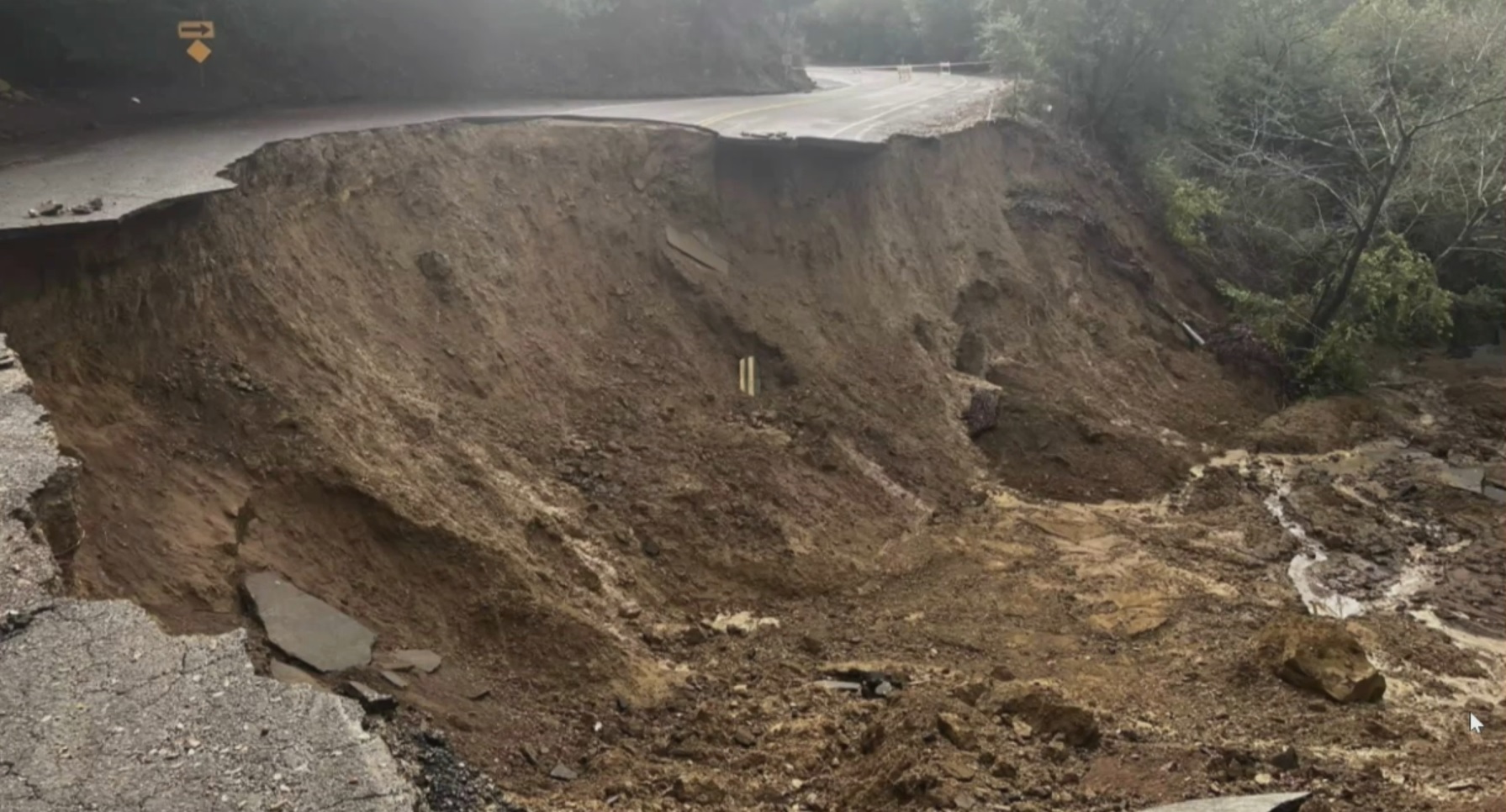 The recent storms caused extensive damage to some county roadways, such as Redwood Road (photographed), which may take a while to reopen. (Credit: Alameda County Public Works Agency)